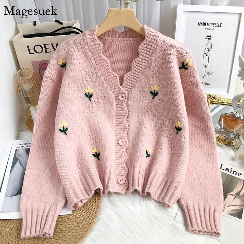 Винтажный вязаный кардиган с цветочной вышивкой, женский свитер с v-образным вырезом, осенне-зимний укороченный кардиган, женский однотонный трикотаж Y2K 23195