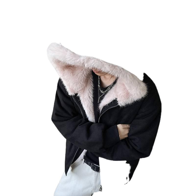 Куртка American Eagle с меховым воротником из замши и кошачьими ушками - Осенне-зимняя укороченная верхняя одежда с плюшем