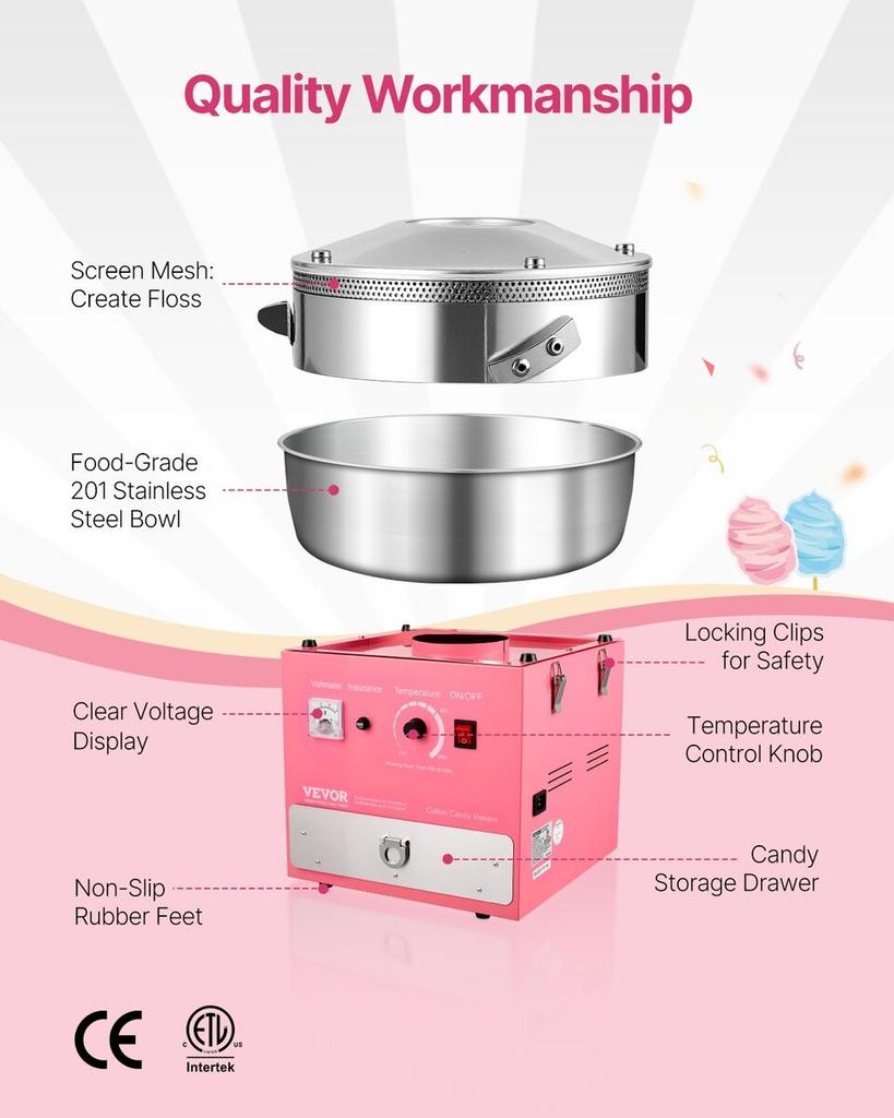 Commercial Cotton Candy Machine Sugar Floss Maker 1000W for Party Pink