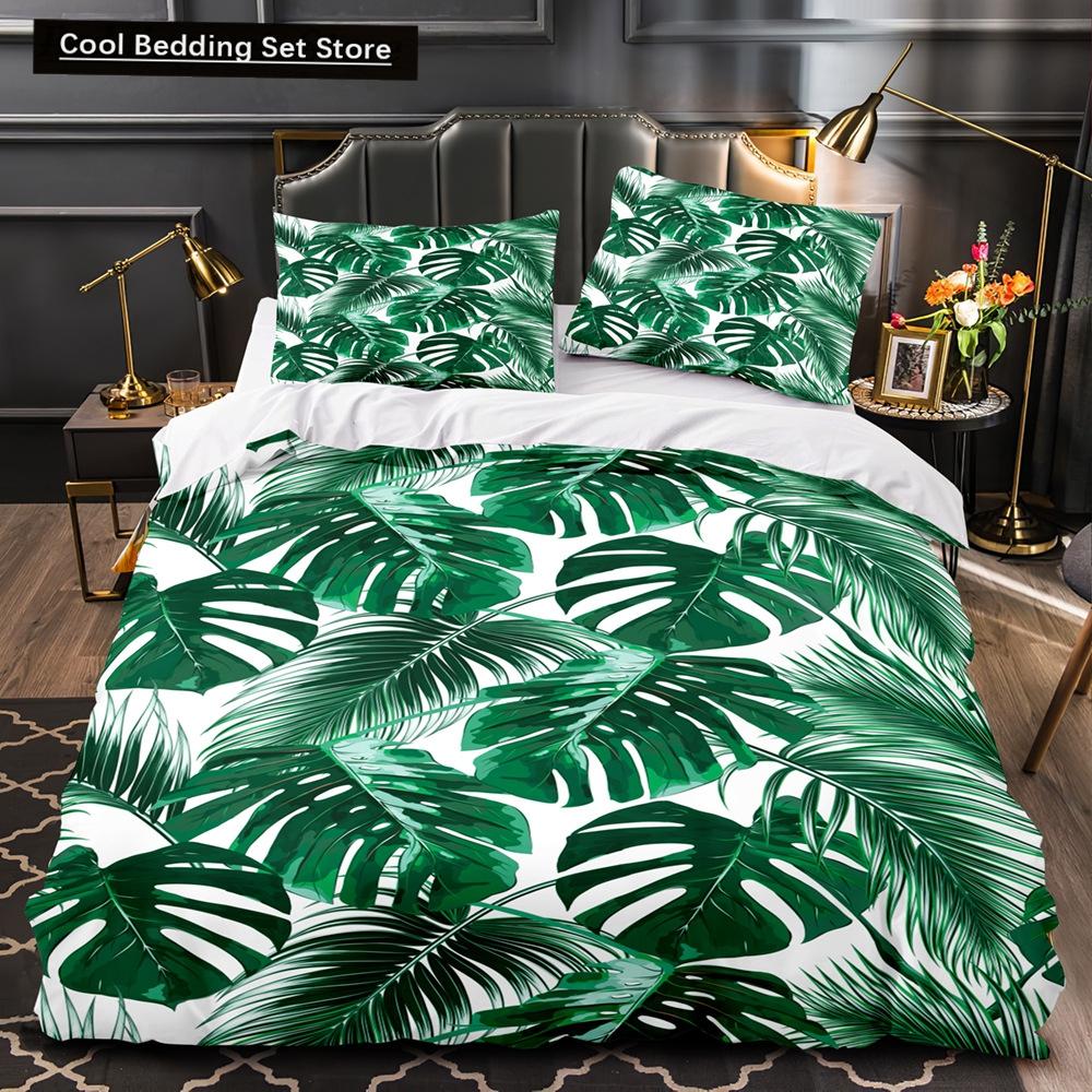 Тропические растения Цветочный пододеяльник King Queen Комплект постельного белья с зелеными пальмовыми листьями Кремовые цветы 2/3 шт. Полиэстеровый пододеяльник