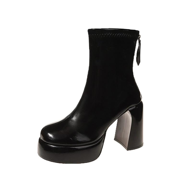 Современные ботинки на квадратном каблуке с лодыжкой, зимние ботинки с круглым носком 2024 года, высококачественные женские ботинки на высоком каблуке с застежкой-молнией, лаконичные женские ботинки