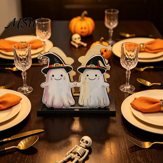 Macaron Color Halloween Decor Wooden Napkin Holder, Cute Pastel Pumpkin Ghost Black Cat Tabletop Tissue Dispenser, Waterproof Party Table Decorative