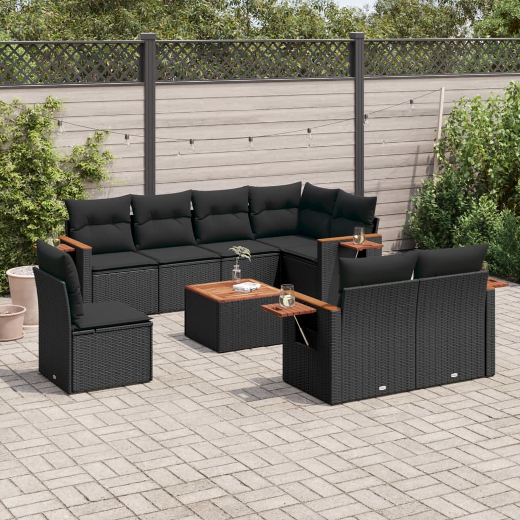 9 piece garden sofa set with cushions black poly rattan