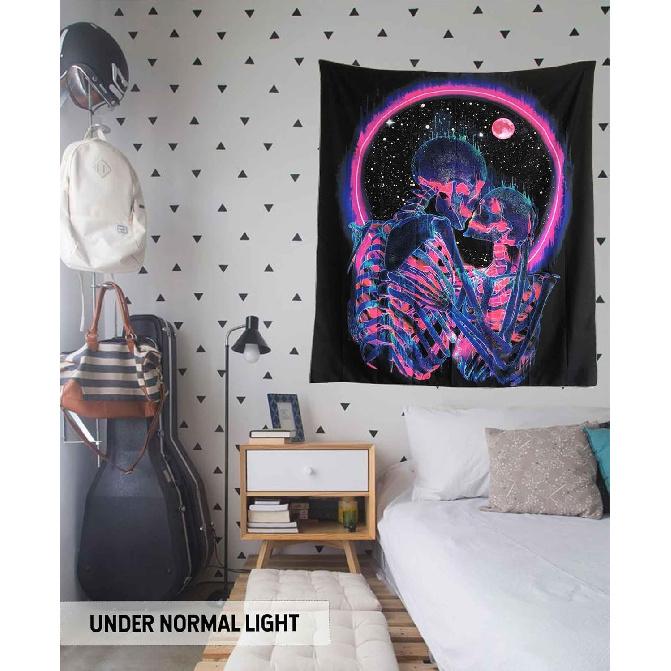 Onivein Blacklight Skull Tapestry Glow In The Dark Tapestry The Kissing Lovers UV Reactive Neon Moon Stars Tapestries Posters Wall Hanging for