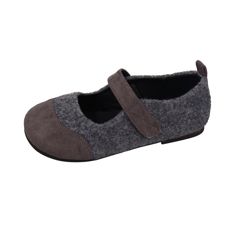 Ретро серый шерстяной слово с плоскими туфлями Мэри Джейн не устают ноги круглая голова балетки одинарные туфли женские
