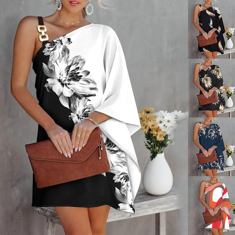 Women's Printed Sexy Slanted Neck Off Shoulder Long Sleeved Dress