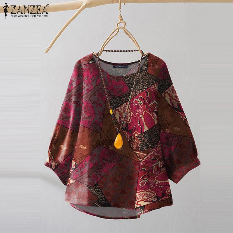 ZANZEA Ethnic Print Casual O-neck 3/4 Sleeve Loose Women Blouse