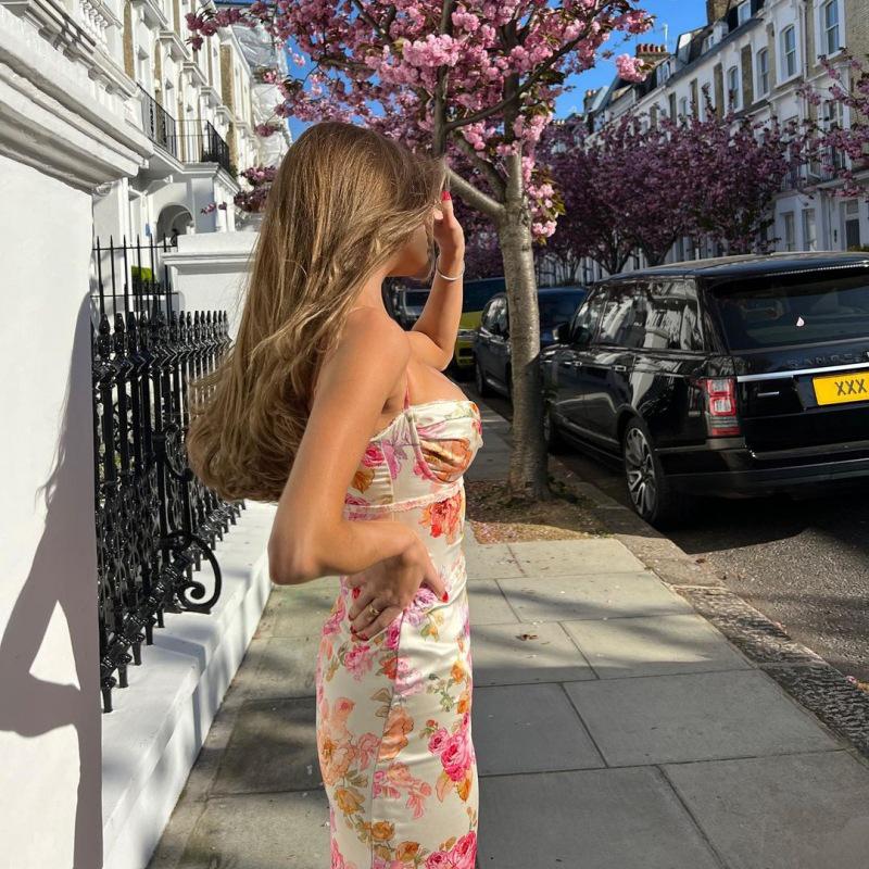 European Summer 2024 Women's Print Slim Backless Spaghetti Strap Dress