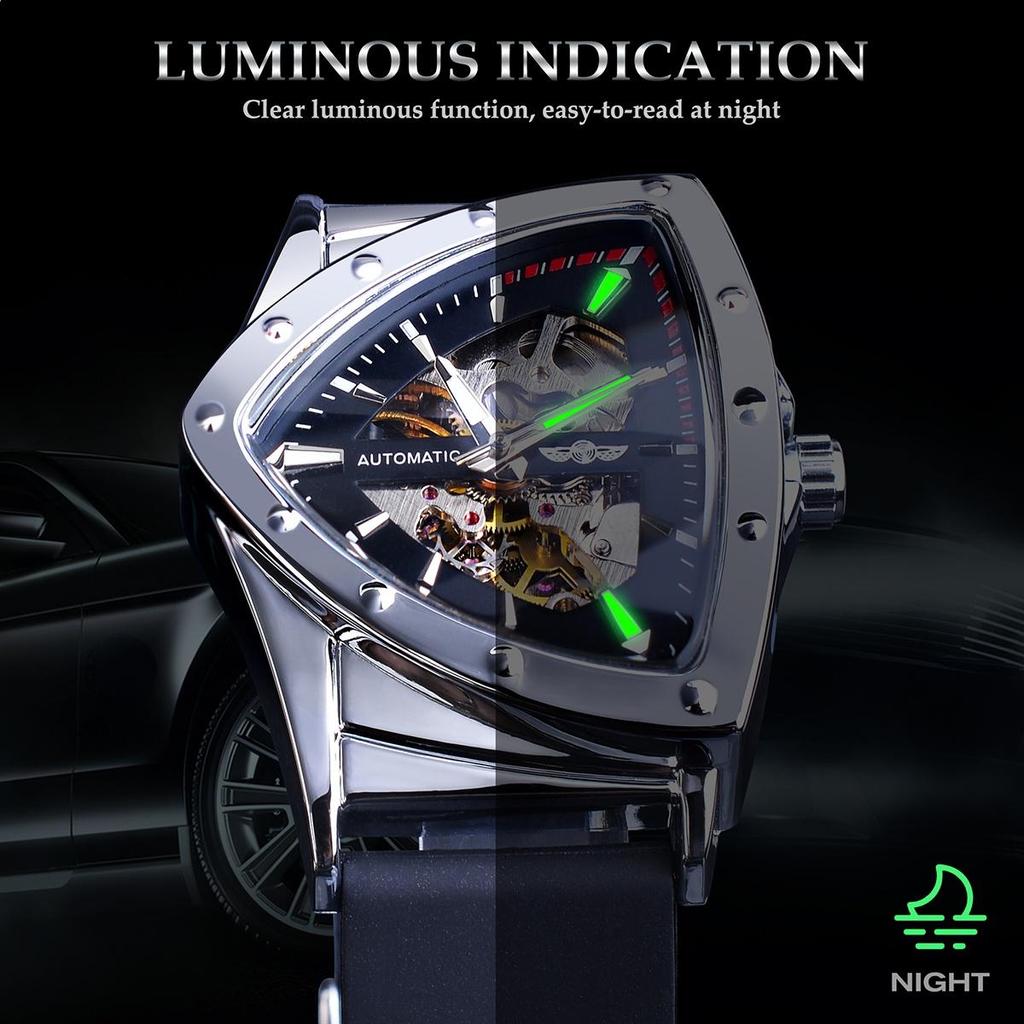 WINNER Triangle Automatic Military Wristwatch With Luminous Pointers Sport Style Men's Watches Transparent Skeleton Mechanical Watch