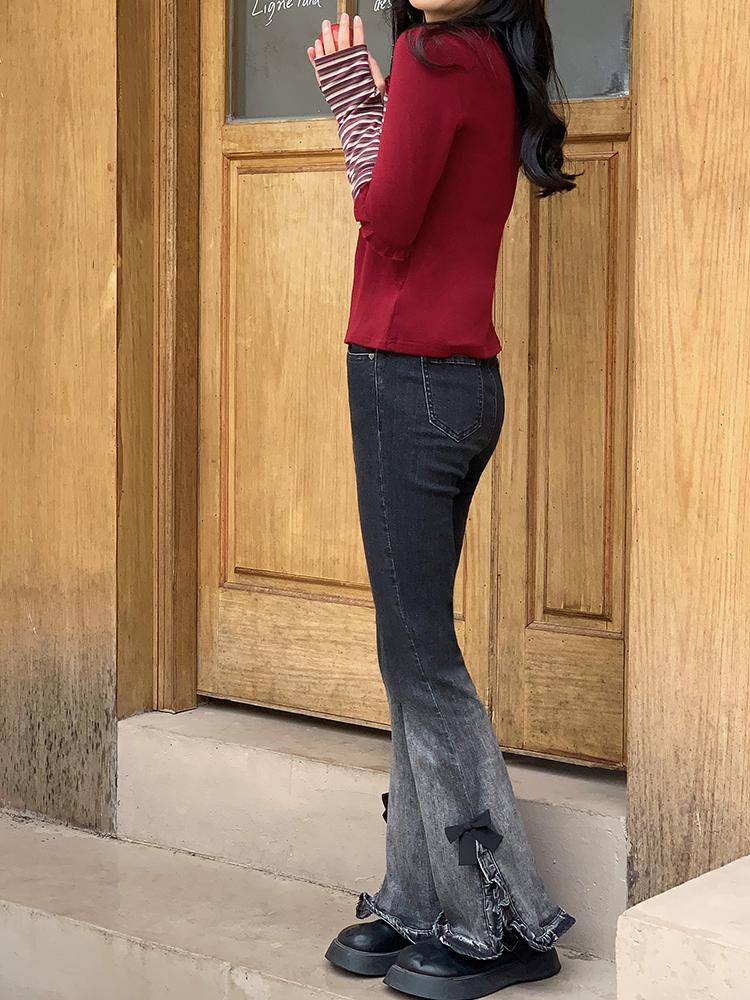 Denim Vintage Contrast Color Flare Pants Women Japanese Sweet Bow Elegant Jeans Female Korean Style Open Fork Casual Jeans 2024