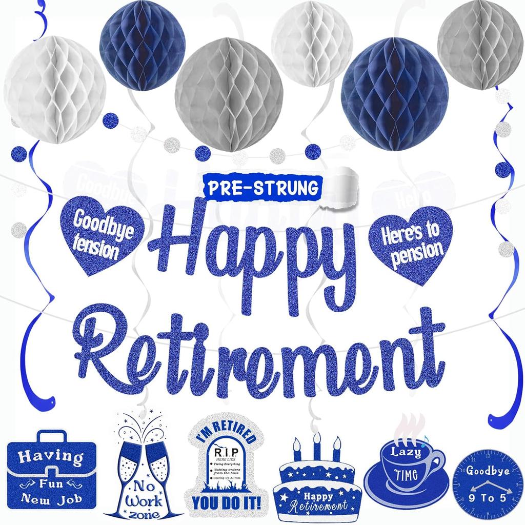 Navy Blue Retirement Party Decorations, Pre-Strung Happy Retirements Banner with Honeycomb Balls, Hanging Swirls, Circle Dots Garland for Happy