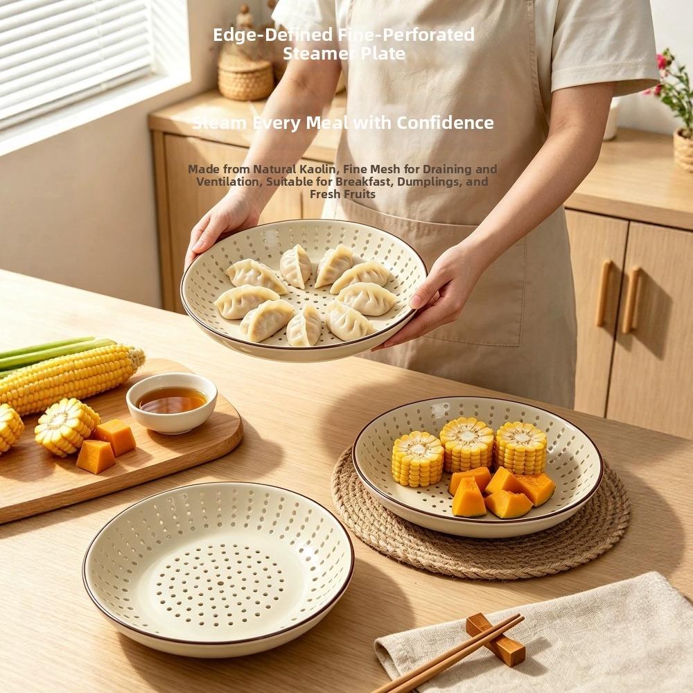 Ceramic Round Steaming Grid Brown Rim Drain Plate Colander Bowl Fruit Vegetable Washing\