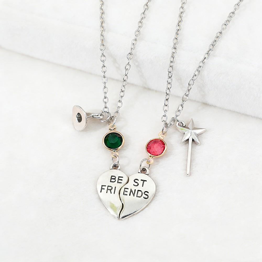 Elphaba & Glinda Pendant Necklace Set Silver Tone Broken Heart Design with Green Red Gemstones pendant necklace