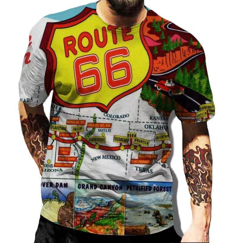 Summer T-Shirts for Men Short Sleeved Vintage Clothes Route 66 Graphic Top Casual O Neck Tee Oversized 3D Print T Shirt Pullover