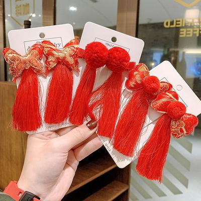 Plush Ball Red Tassel Duckbill Clips Festival Hairpins Children Barrettes Chinese Hanfu Hair Clips