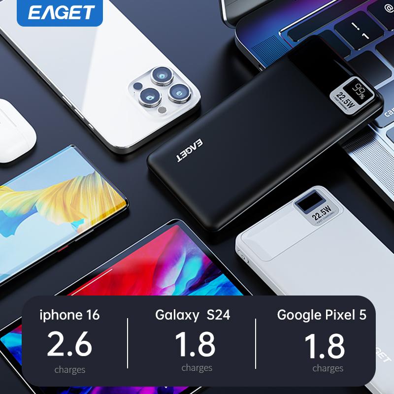EAGET Портативное зарядное устройство 22,5 Вт 10000 мАч, оснащенное светодиодным цифровым дисплеем, быстрая зарядка, поддерживает зарядку нескольких устройств одновременно