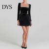 Long Sleeve Mini Dress Women Square Collar Beaded Flower Decor Formal Short High Waist Above Knee Length