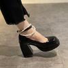 French Mary Jane Shoes Women's Spring 2024 New Pearl Bow Thick Heel High Heel Sandals Fairy Style Small Leather Shoes