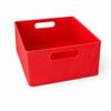 Red container organizer with holders for small items, cables, office