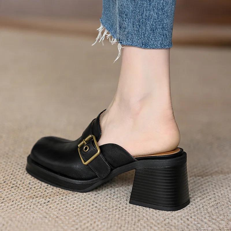 Baotou Half Slippers Women's Commuter Thick Heels Thick Sole Outer Wear Muller Shoes Belt Buckle High Heels Women Shoes