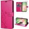 Case for Samsung Galaxy A56 5G - BOOLING - Synthetic Leather Embossed Butterfly Pattern Fuchsia - 2 Tempered Glass