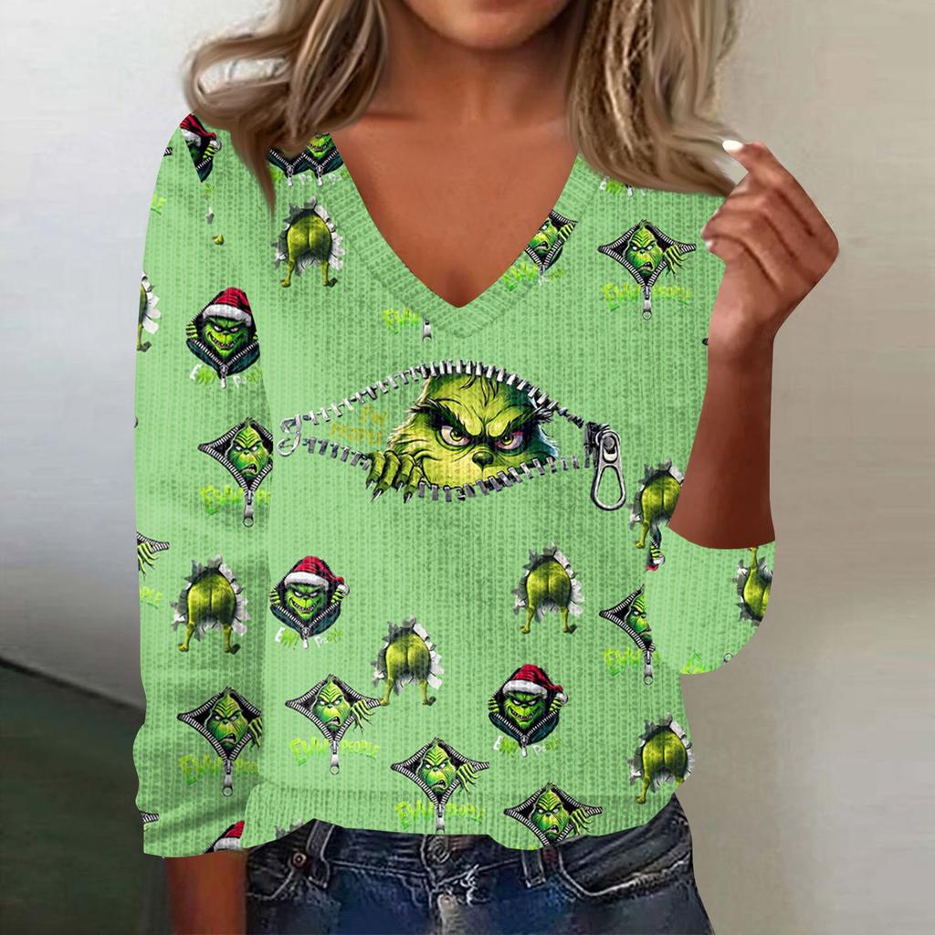 Women's Cute Sweatshirt Knitted Fashion Casual V-neck Long-sleeved Cozy Print Top