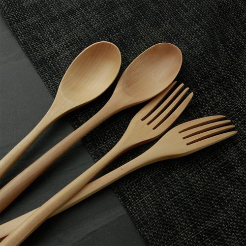YFWOOD 4-Piece Wooden Cutlery Set, 22.5cm Long, Lightweight Dinner Spoon and Fork Set for Soup, Curry, Salad, Commuting, and Lunchboxes