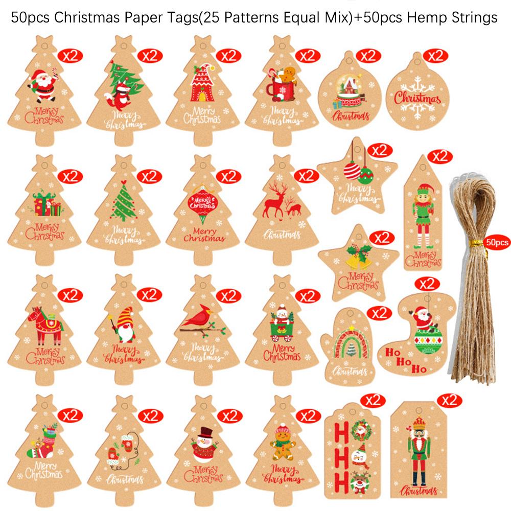50 шт. Рождественские подарочные бирки Diy Kraft Labels Санта-Клаус Снежинка Рождественская елка Подвесные бирки Декор для рождественской вечеринки Diy Рождество 2023
