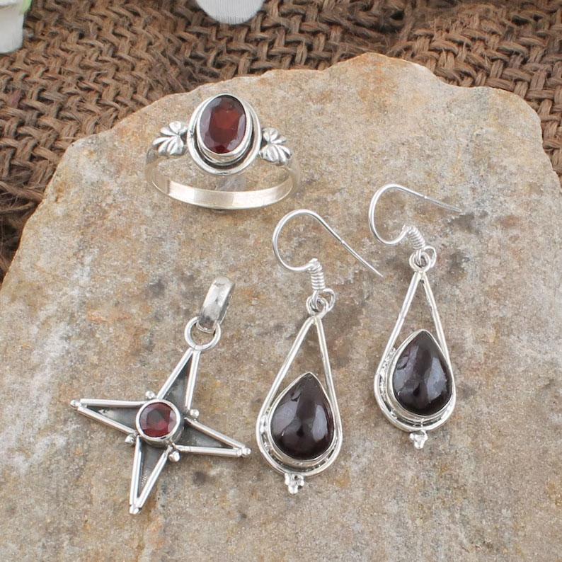 Ювелирные изделия из драгоценных камней граната, женский комплект ювелирных изделий, кольцо, серьги, кулон, уникальный подарок, серебряные ювелирные украшения, серебро 925 пробы