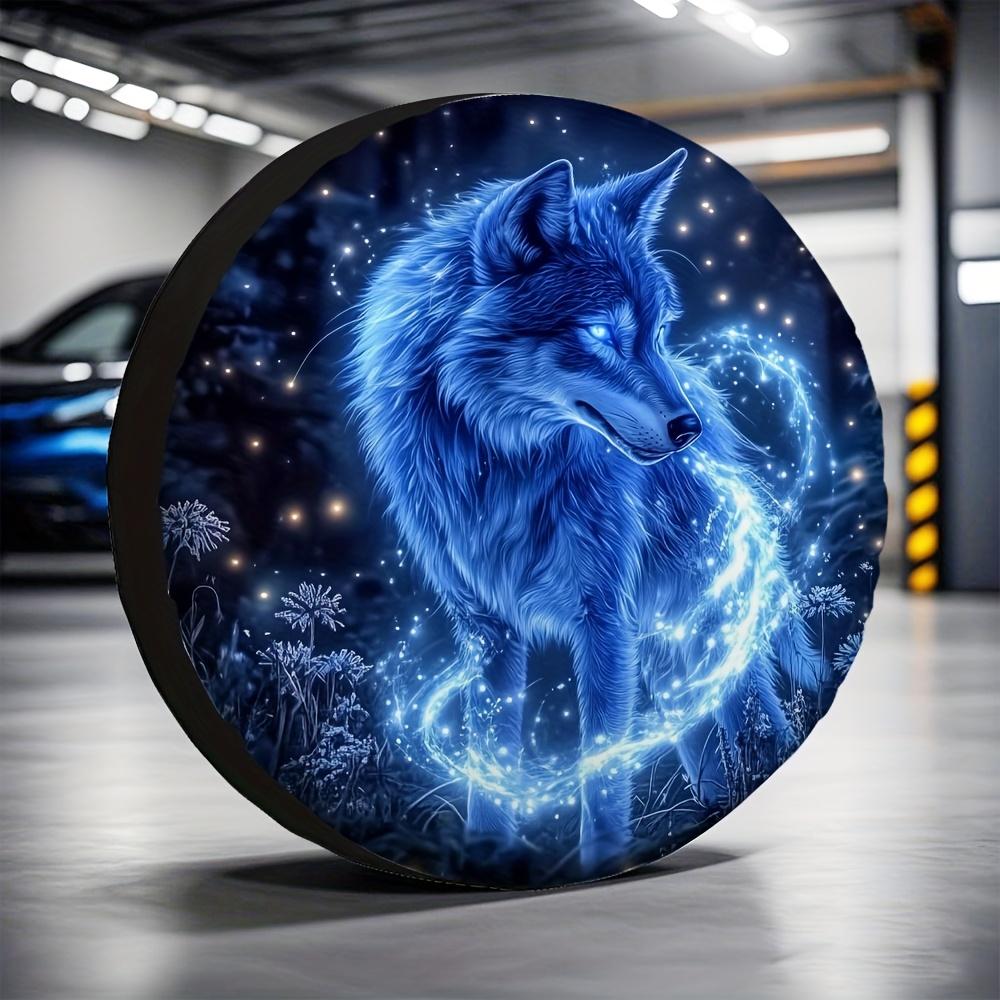 Mystical Blue Neon Wolf Tire Cover Durable Polyester Spare Wheel Cover