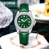 ABORNI Женские модные зеленые водонепроницаемые светящиеся кварцевые часы, инкрустированные бриллиантами, для женщин