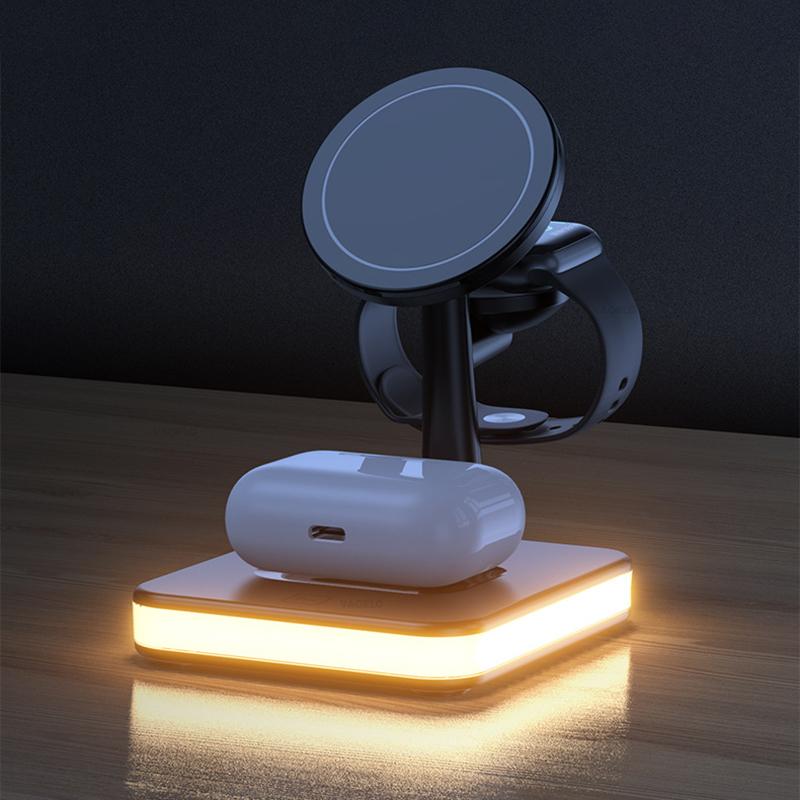 VAORLO Док-станция для беспроводного зарядного устройства 3 в 1 для iphone 12 12pro 12mini 13pro iwatch Airpods с ночником, быстрая зарядка