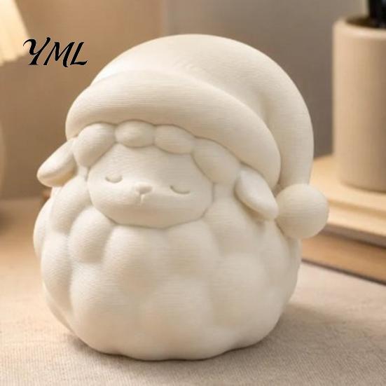 Cute Lamb Desktop Ornaments 3D Printed Good Night Sheep Figurine, Sleepy Statue with White Animal Figurines Santa Hat, DIY Paintable Decor Ornament