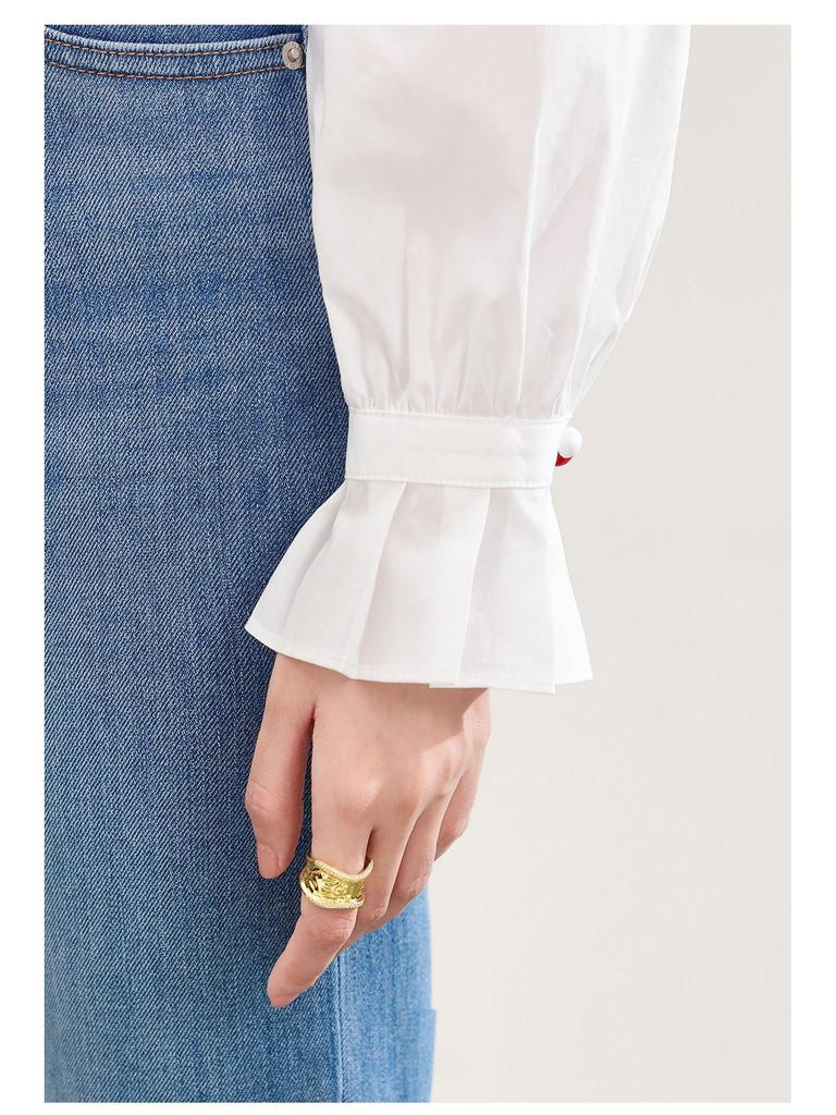 Women's Pure Cotton French Ruffle Trim Shirt - Spring Top with Micro Flare Long Sleeves