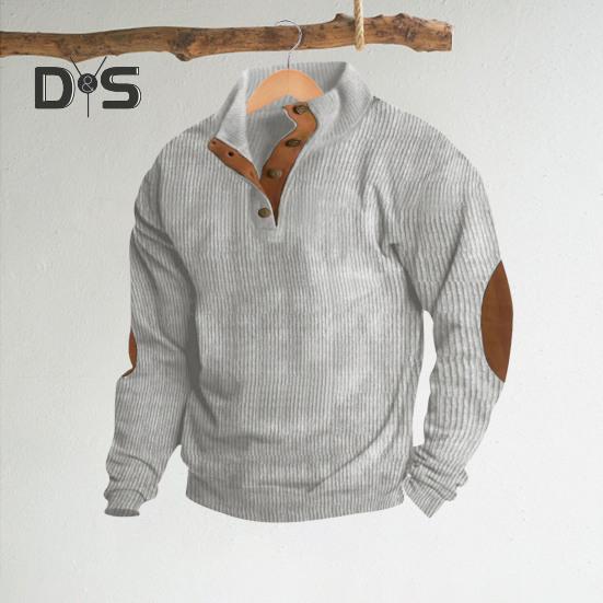 Весна Осень Мужской Топ Цветные Блоки Лоскутная Ретро Стиль Полуоткрытый Воротник-стойка Толстовка Плюс Размер Свободный Длинные Рукава Топ Повседневная Жизнь Офис И Отдых