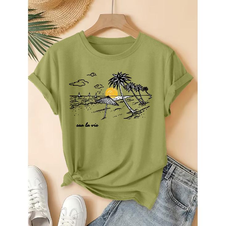 Beach doodle print short-sleeve vintage round neck shirt T Fresh and natural style loose-fitting shirt 2026 Elegant spring and summer party fashion