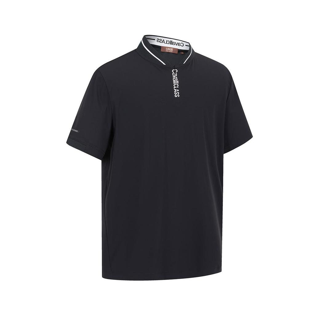 Men's Stand-Up Collar Short-Sleeved T-Shirt with Contrasting Stripes and Brand Logo
