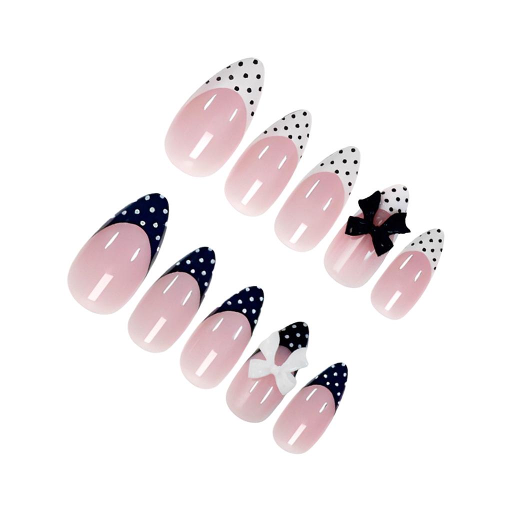 Black White Polka Dot-Bow Nail Tips 24 Pieces For Party Wedding