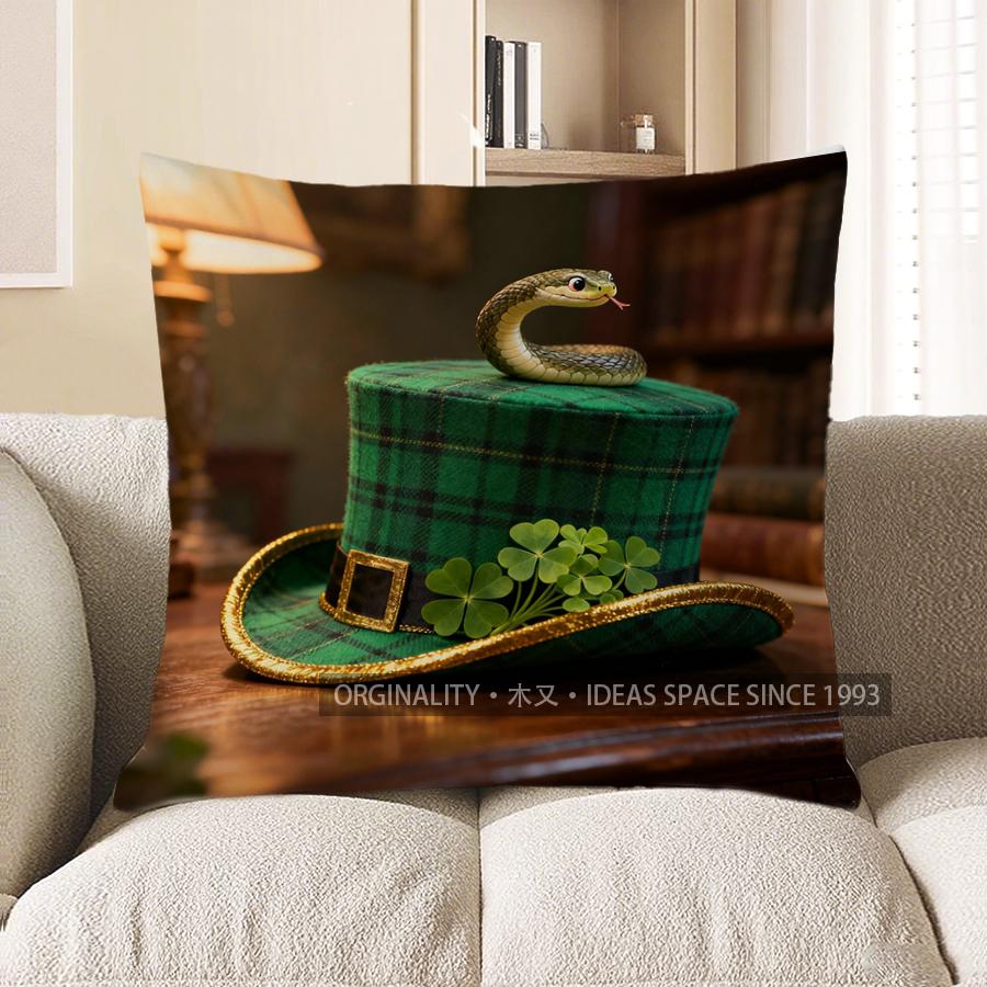 2D Irish Style Hat With Snake And Clovers Pillow Pattern Cushion Cover Suitable For Sofa Bedroom Car Pillow Cover
