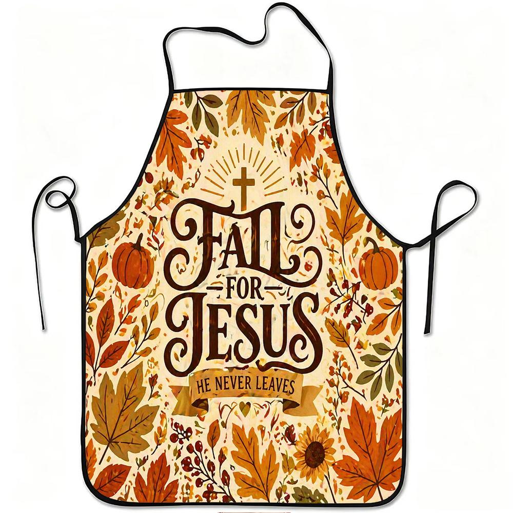 1pc Fall for Jesus Autumn Leaves Pumpkin Cross Print Apron, Durable And Easy to Clean, Adjustable Waistband, Polyester Material, for Kitchen Cooking,
