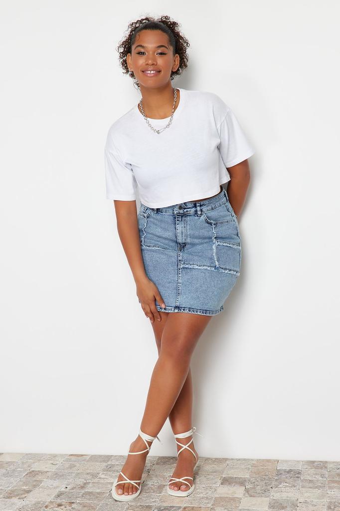 Women's Style Plus Size Skirt Light Blue Stitching and Tassel Detailed Mini Denim Skirt