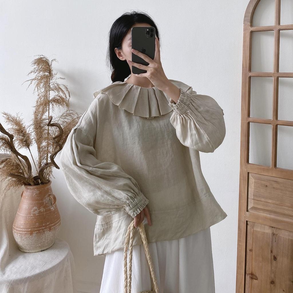 Johnature Простые винтажные льняные женские однотонные рубашки с оборками на воротнике, весенне-осенние свободные универсальные женские блузки