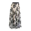Women A-Line Skirt 3D Embroidered Leaf Print Double-Layered Mesh Tulle High Waist Midi Skirt
