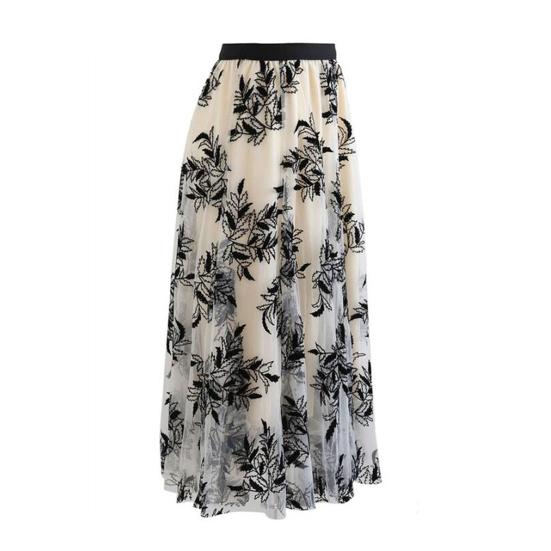 Women A-Line Skirt 3D Embroidered Leaf Print Double-Layered Mesh Tulle High Waist Midi Skirt