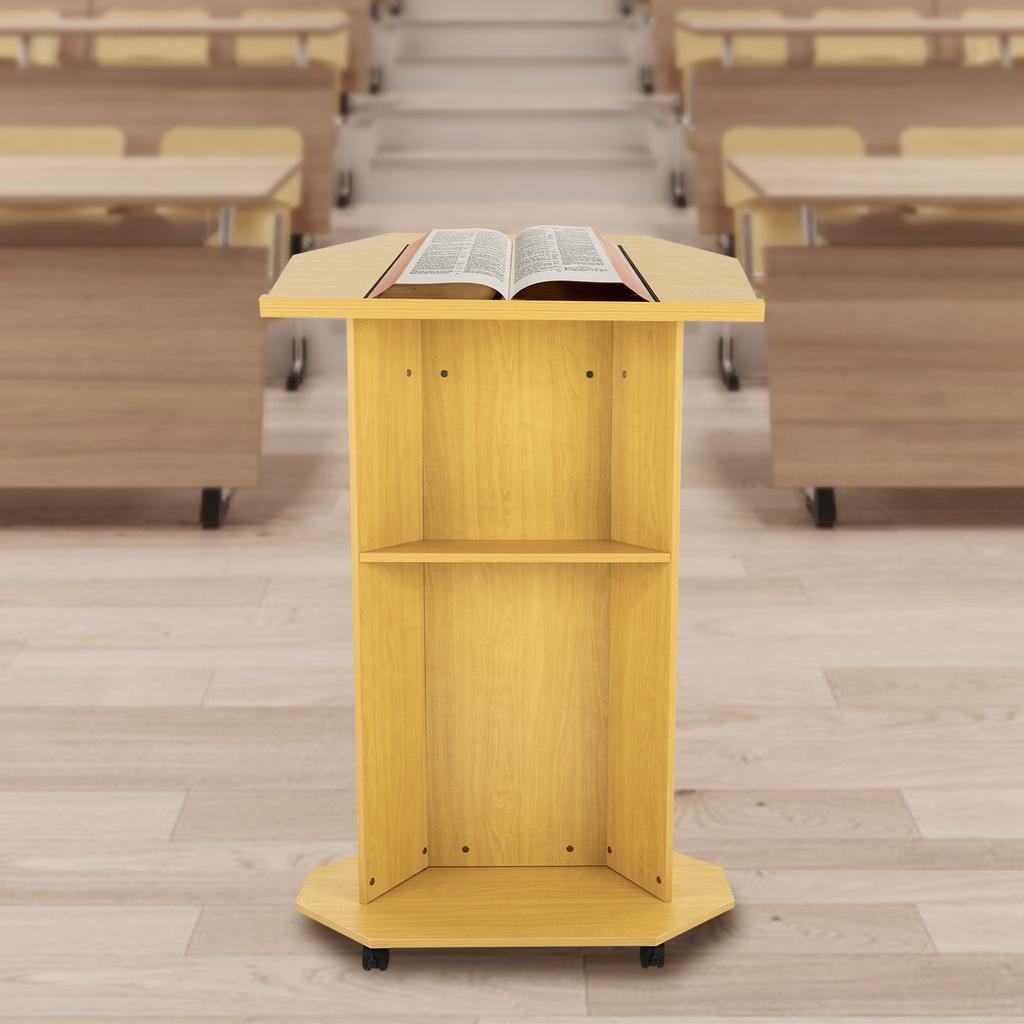 Modern Oak-Colored Wooden Lectern, Adjustable Presentation Stand for Classroom, Mobile Podium with Wheels, 30kg Load Capacity