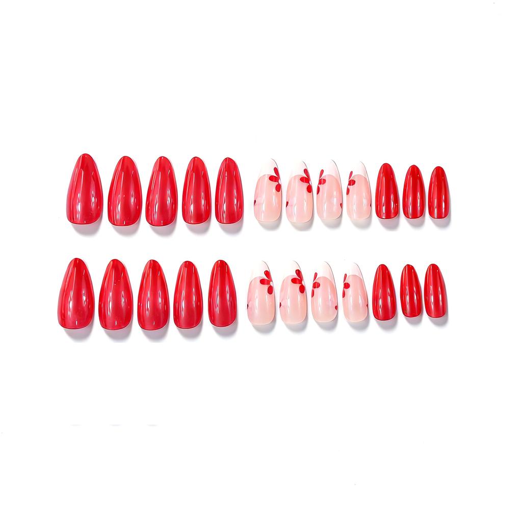 Medium And Long Almond Type European And American Nail Art Spring And Summer Sweet Pink Flower French Design Wearing Nail