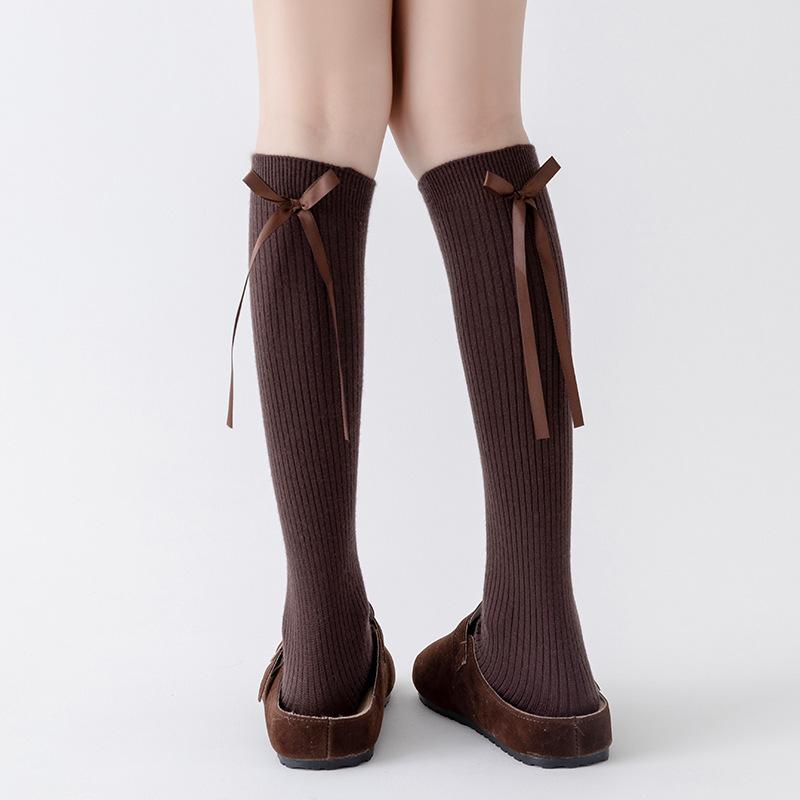 Осенне-зимние кашемировые носки до икр, женские с лентами-бантами, теплые утолщенные до колена, для стройности в сочетании с ботинками, универсальные чулки до бедра