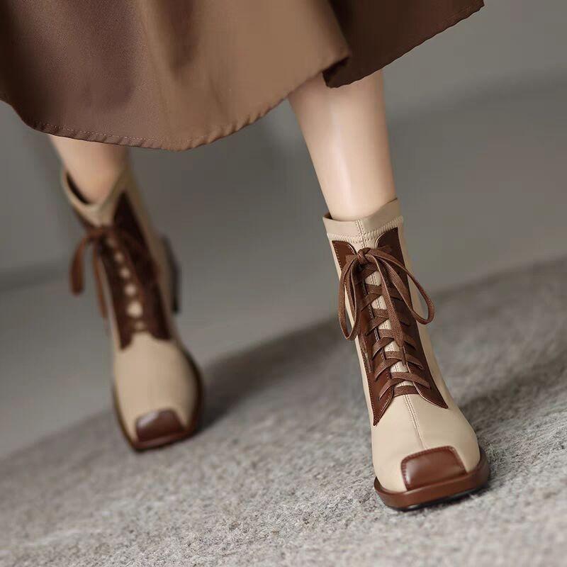 Square Head Side Zipper Chelsea Short Boots Women's 2025 Spring and Autumn Thick Heel Single Boots Martin Boots