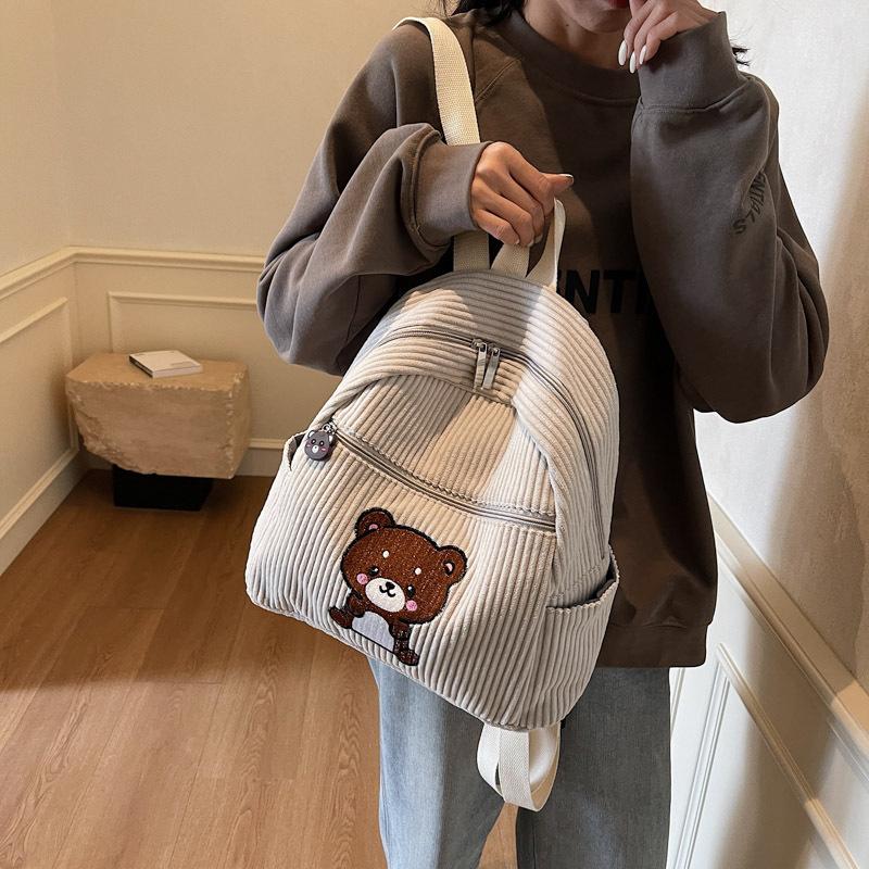 Bear Backpack Corduroy Student Schoolbag Women Cartoon Backpack