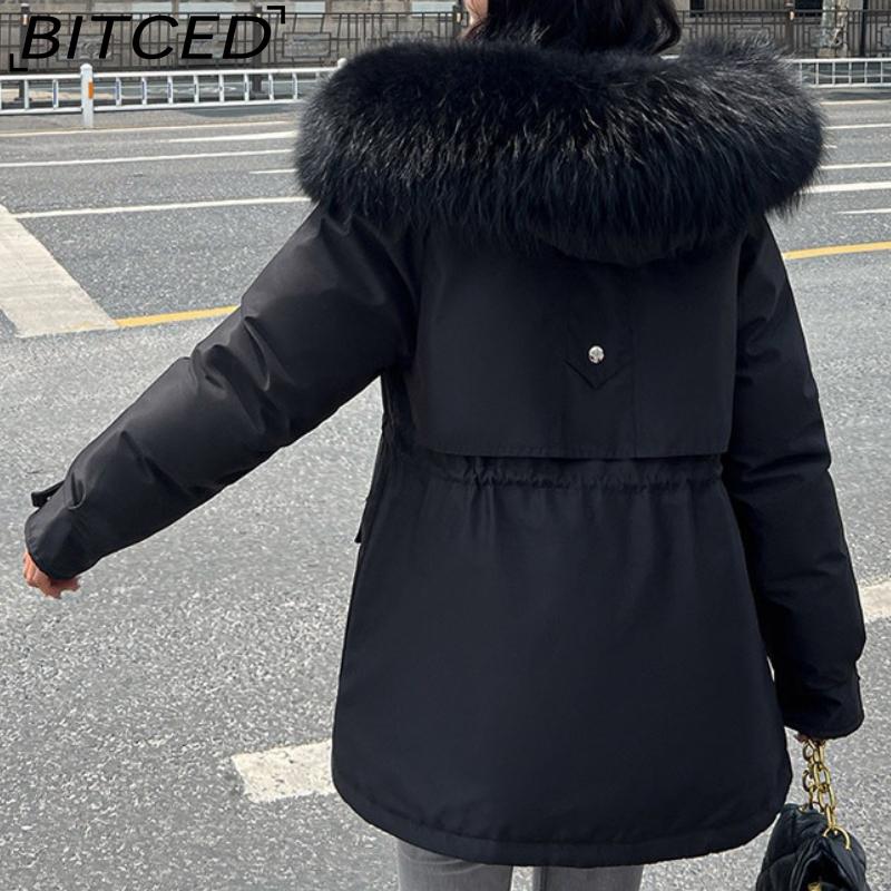 BITCED Winter Thickened Puffer Coat for Women with Waist-cinching, Slimming Fit, Hood and Large Fur Collar for Warmth